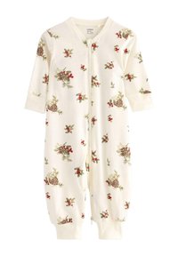 Ivory zip-up jumpsuit with long sleeves, featuring a floral pattern of pinecones and red berries. Soft material, fitted cuffs.
