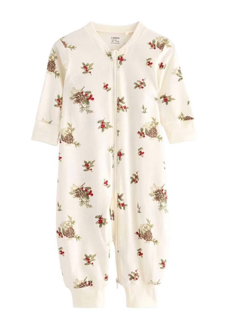 Ivory zip-up jumpsuit with long sleeves, featuring a floral pattern of pinecones and red berries. Soft material, fitted cuffs.
