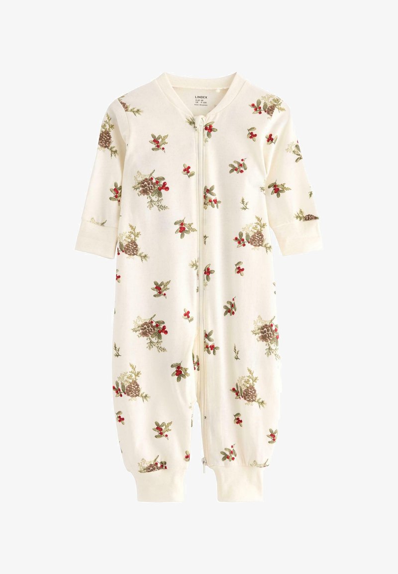 Ivory rits-jumpsuit met lange mouwen, versierd met een bloemenpatroon van dennenappels en rode bessen. Zacht materiaal, aansluitende manchetten.