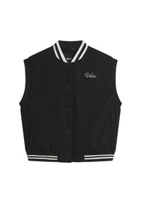 Svart ärmlös varsityjacka med ribbad krage och vita ränder. Har sidofickor och broderad "Vans"-logotyp.