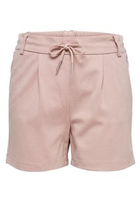 Light pink shorts made of soft fabric, featuring an elastic waistband with a drawstring and front pleats for added style and comfort.