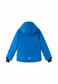 Giacca impermeabile blu con cappuccio, maniche lunghe, polsini elasticizzati e un logo quadrato sul retro. Tessuto liscio e design elegante.