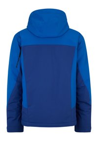 Giacca da sci blu con cappuccio in diverse tonalità di blu, caratterizzata da una texture liscia e un design funzionale. Include il marchio Ziener sulla manica.