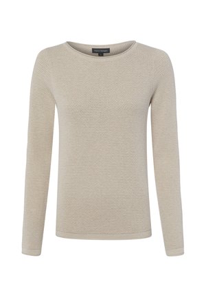 Beige gebreide trui met lange mouwen, ronde hals en gestructureerd patroon, weergegeven op een effen witte achtergrond.