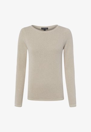Beiger Strickpullover mit langen Ärmeln, rundem Halsausschnitt und strukturiertem Muster, auf weißem Hintergrund präsentiert.