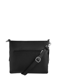 Bolso cruzado de piel negra con superficie texturizada, correa ajustable, bolsillo frontal con cremallera y diseño minimalista. Duradero y funcional.