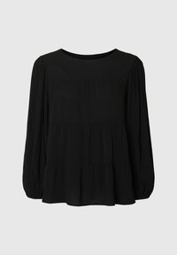Sort langærmet bluse med rund hals, tieret design og indsamlede detaljer på ærmerne. Lavet af letvægtsstof.