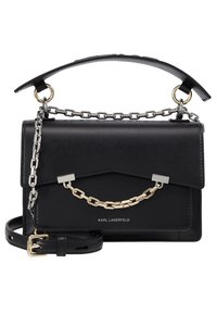 Borsa in pelle nera Karl Lagerfeld con dettagli in catena dorata e argentata, manico superiore e tracolla regolabile su sfondo bianco.