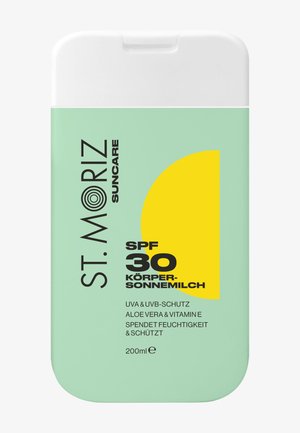 Sonnencremeflasche mit der Aufschrift St. Moriz SPF 30 Bodylotion mit Aloe Vera, Vitamin E, UVA- und UVB-Schutz, 200 ml Fassungsvermögen.