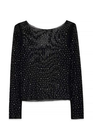 Maglietta nera a maniche lunghe realizzata in tessuto trasparente, con scollatura rotonda e decorata con embellishments argentati sparsi.