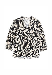 Schwarz-weiße Bluse mit Blumenmuster, V-Ausschnitt, gerafften Ärmeln und lockerer Passform. Mit Kordelzugquasten am Ausschnitt.