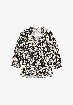 Zwart-wit bloempatron blouse met een V-hals, gathered mouwen en een relaxte pasvorm. Bevat trekkoordtassels bij de halslijn.