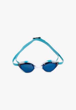 Swimming goggles with blue lenses, white accents, and a light blue adjustable strap. Smooth finish and a streamlined design for performance.