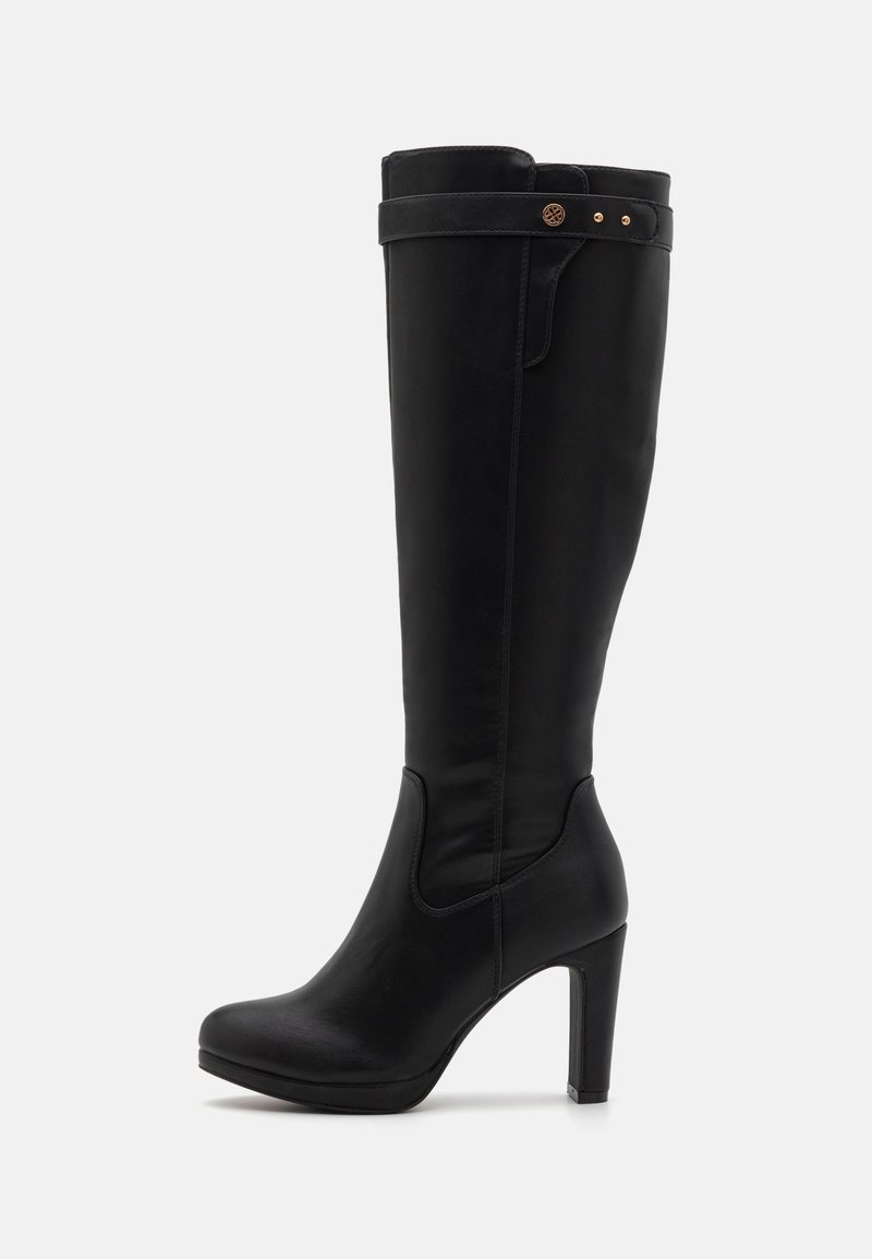 Black knee-high heeled boots in smooth leather, featuring a rounded toe, a high block heel, and a decorative strap with gold accents at the top.