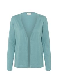 Jasnoniebieski kardigan z miękkiego, lekkiego materiału. Posiada głęboki dekolt w kształcie litery V, długie rękawy oraz otwarty przód bez zapięć.