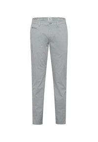 Lichte grijze slim-fit casual broeken voor heren met voor- en achterkantzakken en riemlussen op een witte achtergrond.