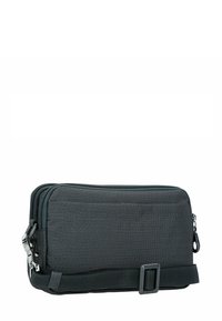 Billetera negra de nylon con dos compartimentos con cremallera, tela texturizada y una correa desmontable con un broche rectangular.