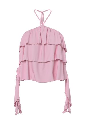 Top a fascia a strati rosa chiaro con bordi arricciati e lunghi lacci in tessuto fluenti che pendono dai lati.