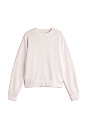 Light pink crewneck sweatshirt with long sleeves, ribbed cuffs, and hem, displayed on a white background.