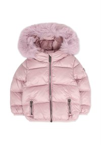 Giacca imbottita rosa con cappuccio foderato in pelliccia, zip frontale e due tasche laterali con zip. Tessuto lucido e liscio con un design trapuntato.