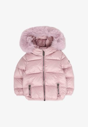 Giacca imbottita rosa con cappuccio foderato in pelliccia, zip frontale e due tasche laterali con zip. Tessuto lucido e liscio con un design trapuntato.