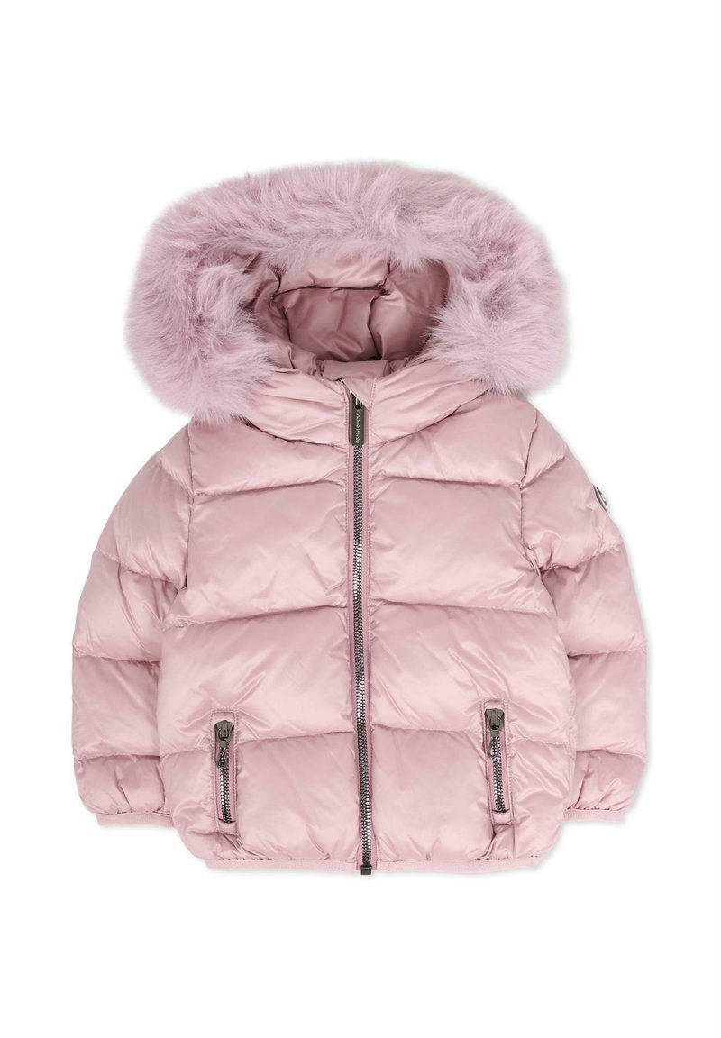 Giacca imbottita rosa con cappuccio foderato in pelliccia, zip frontale e due tasche laterali con zip. Tessuto lucido e liscio con un design trapuntato.