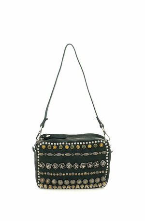 Piccola borsa a tracolla nera decorata con più file di borchie metalliche tonde e a forma di fiore nei toni argento e oro.
