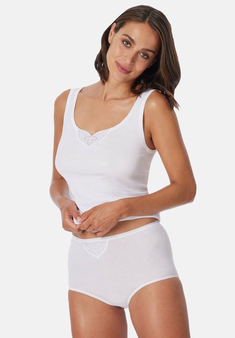 White cotton tank top with lace detail at the neckline, paired with high-waisted cotton briefs featuring a lace accent. Smooth texture.