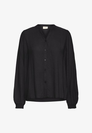 Juoda ilgomis rankovėmis palaidinė, laisvas siluetas, priekyje mygtukai ir raukšlėti rankogaliai. Pagaminta iš minkštos medžiagos su vientisu paviršiumi.