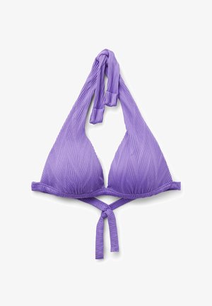 Top de bikini de triángulo púrpura con tejido texturizado y tirantes con lazo, que presenta un diseño fruncido y un detalle de nudo central en la parte posterior.