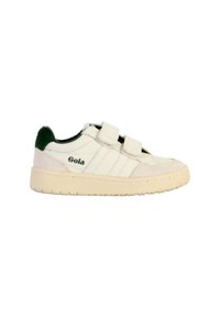 Zapatilla blanca con detalles verdes, hecha de cuero y ante, con punta redonda, dos correas de Velcro y una suela estampada.
