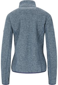 Fleecejack met een donkerblauwe gemêleerde stof, voorzien van een hoge kraag, lange mouwen en contrasterende marineblauwe afwerking langs de naden en de zoom.