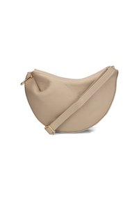 Beige leren handtas met een gebogen vorm, textuur op het oppervlak en een gouden strap. Heeft een ritssluiting en een compact ontwerp.