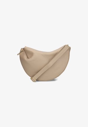 Beige leather handbag with a curved shape, textured surface, and a gold-tone strap. Features a zipper closure and a compact design.