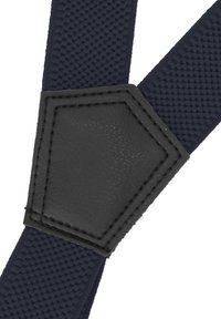 Navy elastic suspenders with a textured finish, featuring a central black leather hexagonal patch with stitched detailing.