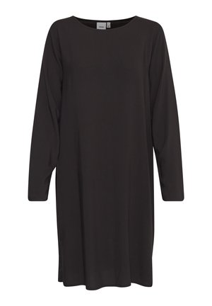 Vestido negro liso de manga larga hasta la rodilla, con escote redondo, corte recto y sin patrones ni adornos visibles.