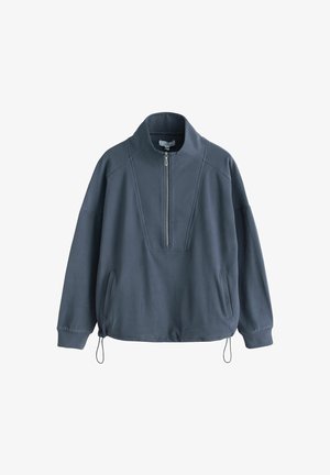 Dark gray pullover sweatshirt with a quarter zip, high collar, side pockets, and adjustable drawstring hem. Soft fabric and relaxed fit.