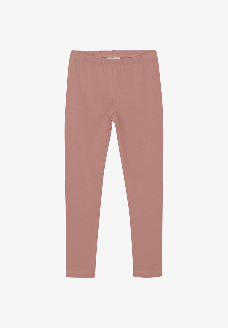 Rosa leggings gjorda av mjuk bomull. Har ett elastiskt midjeband och en slät yta utan synliga mönster eller hårdvara.