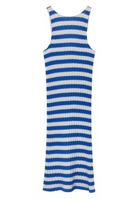 Abito senza maniche a righe blu e bianco, texture a coste, design aderente, lunghezza al ginocchio, con scollatura rotonda e spalline larghe.