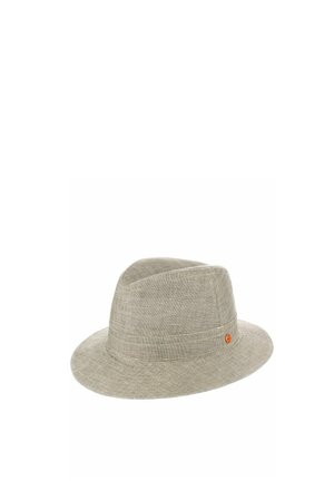 Light gray linen fedora hat with a medium brim and an orange circular logo on the side band, displayed on a white background.