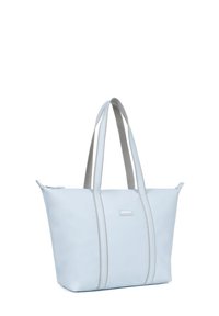 Tote bag in lichtblauwe synthetisch materiaal met grijze handvatten en verticale naden. Inclusief een ritsluiting aan de bovenkant voor veilige opslag.