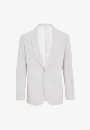 Šviesiai pilkas švarkas su satino pikų apykakle, vieno mygtuko uždarymu, dviem priekinėm kišenėm ir elegantišku, pritaikytu dizainu. Lygus audinio paviršius.