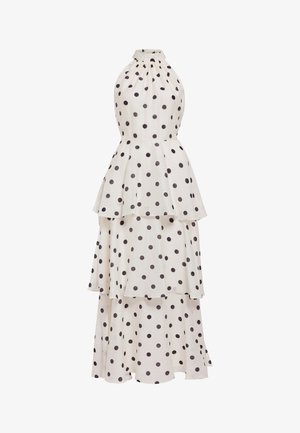 Λευκό φόρεμα με λαιμόκοψη halter, σε στρώσεις με μαύρες πουά και εφαρμοστή μέση, με τρία επίπεδα φούστας με βολάν.