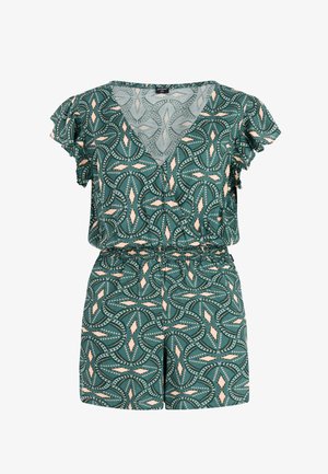 Groene romper met patroon, korte ruches aan de mouwen, V-hals en elastische tailleband. Heeft een geometrisch ontwerp met koraal- en witte accenten.