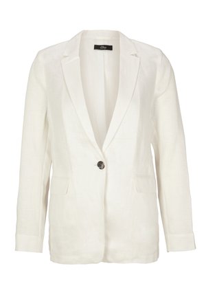 Blazer blanco de un solo botón con solapas con muesca, mangas largas y dos bolsillos delanteros con solapa, confeccionado en tela ligera.