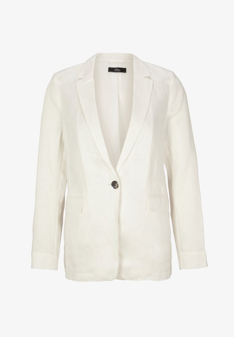 Blazer blanc à un seul bouton avec revers crantés, manches longues et deux poches à rabat à l'avant, confectionné dans un tissu léger.