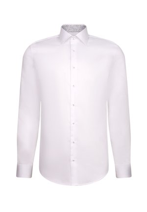 Witte lange mouwen blouse met knoopmanchetten, knopen aan de voorkant en een kraag met een bloemenmotief aan de binnenkant.