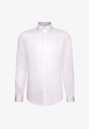 Witte lange mouwen blouse met knoopmanchetten, knopen aan de voorkant en een kraag met een bloemenmotief aan de binnenkant.