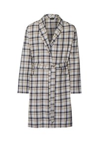 Rutig badrock i beige, marinblå och vit. Har en sjalkrage, långa ärmar, ett knytbälte och två framfickor. Lättviktig tyg.