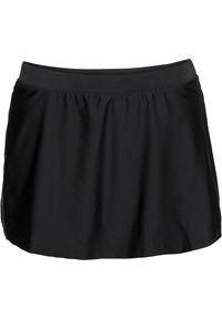 Jupe noire avec une taille froncée, fabriquée en tissu lisse. Présente un design simple avec une forme évasée et sans motifs ni matériels visibles.
